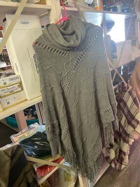 Marleylilly Gray Cowl Neck Knit Poncho Sweater with Fringe